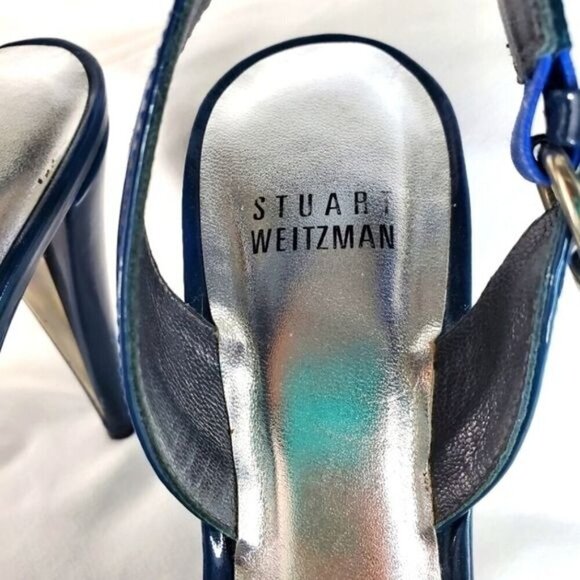 Stuart Weitzman blue patent leather buckle slingback platform shoes heel 7.5 - Picture 3 of 14